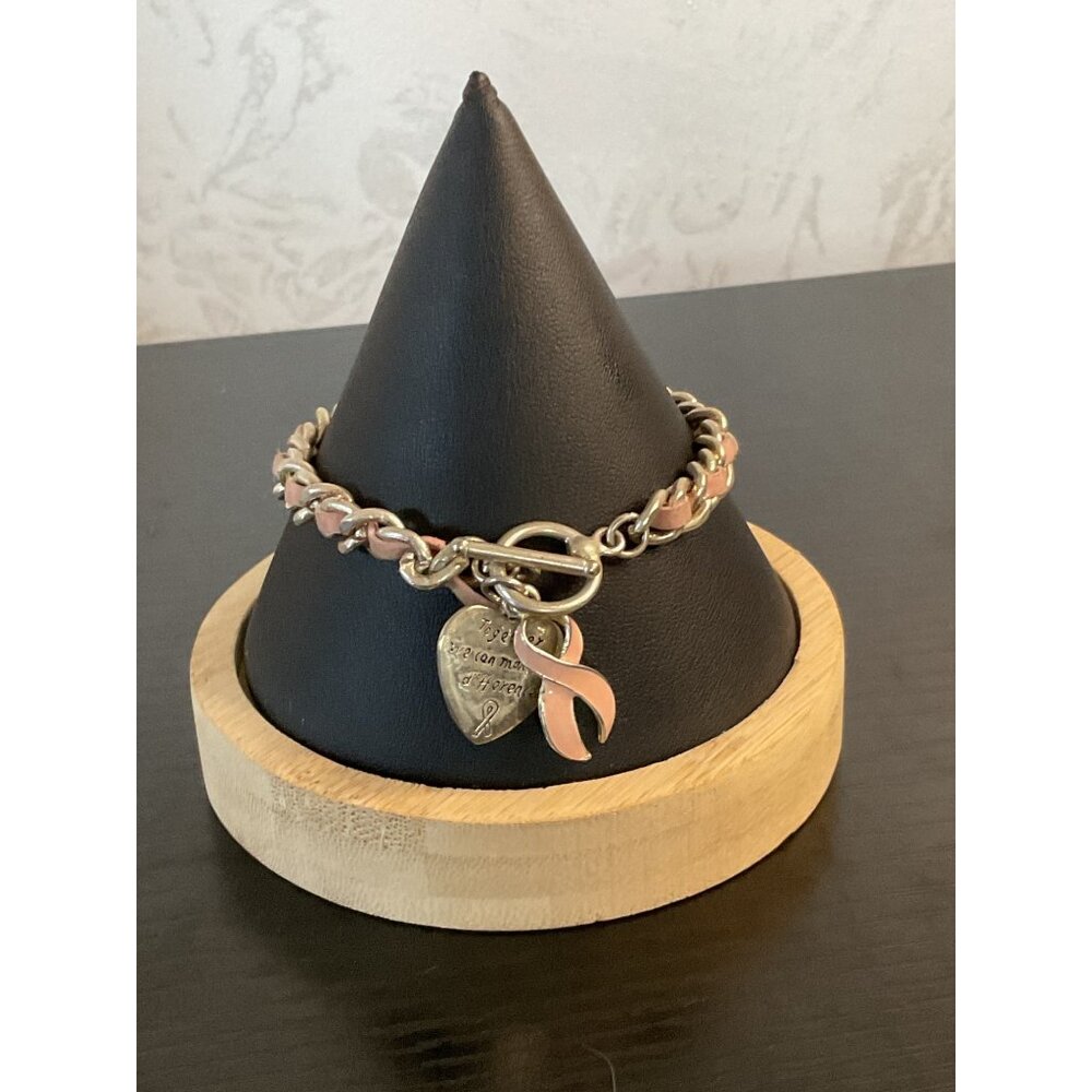 Breast Cancer Awareness Bracelet Woven Pink Ribbon Charm Silver Chain Adjustable